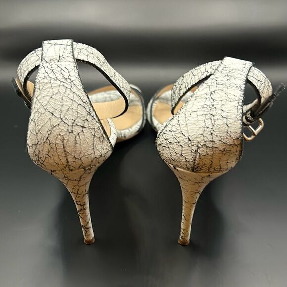 J Crew Size 9 Crackled Ankle Strap High Heel Leather Sandals White Black Marble - Picture 3 of 9